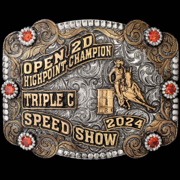 A custom farming belt buckle trophy for Region 7 Livestock Show Champion featuring a cow, goat, lamb and pig figures 